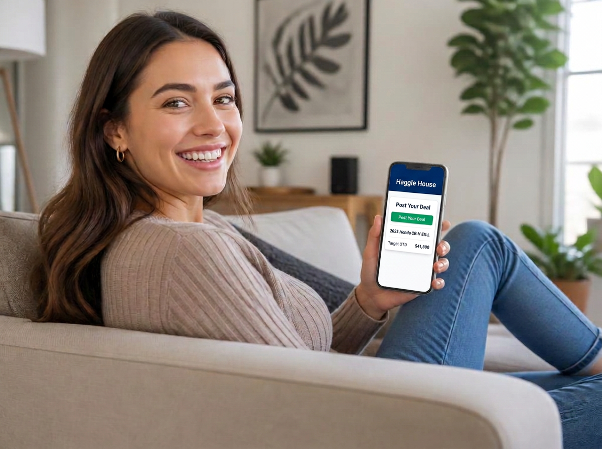 Person relaxing at home browsing vehicles on a phone