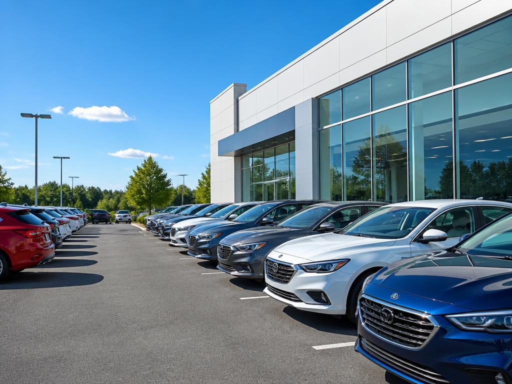 Row of new vehicles on a local dealership lot