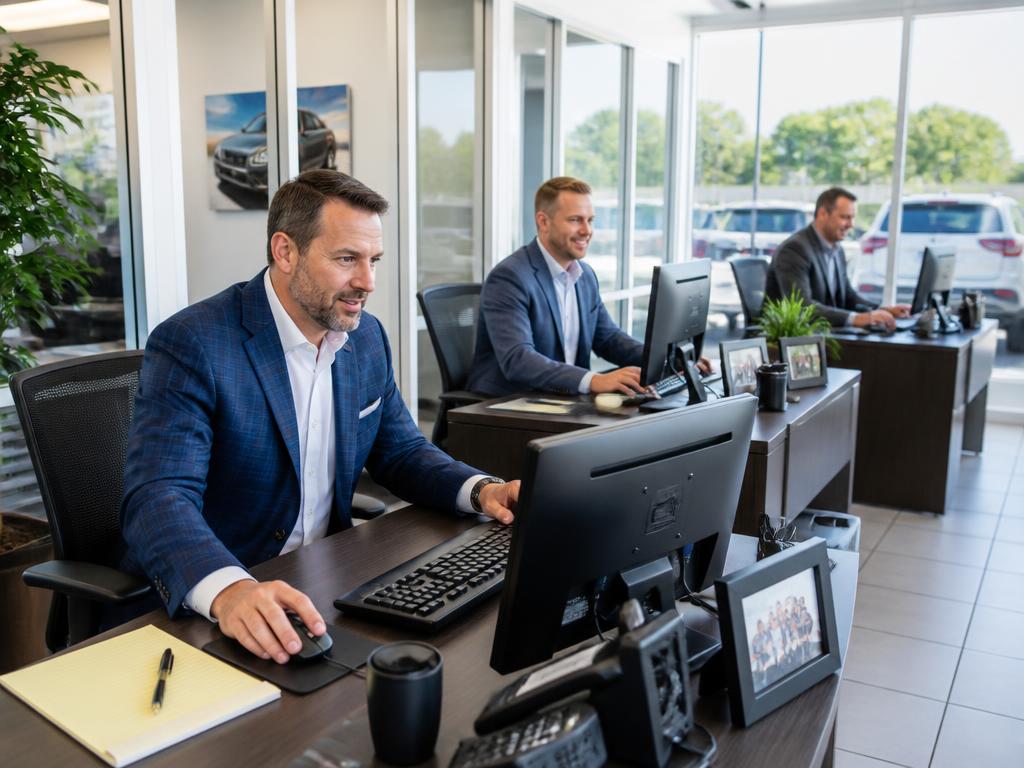 Three dealership managers working at their desks placing offers