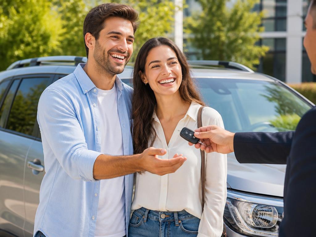 Happy couple receiving the keys to their new SUV